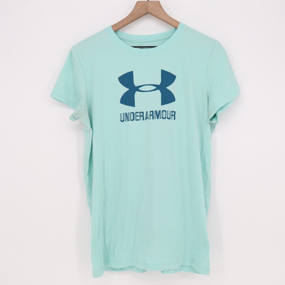 Under Armour T-Shirt Womens L HeatGear Aqua Blue Graphic Logo Excellent